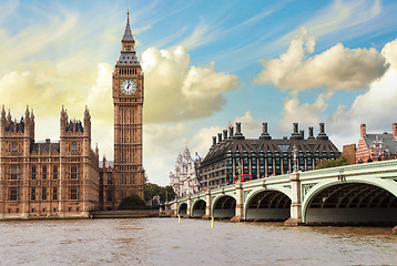 Image showing The Big Ben, the Houses of Parliament and Westminster Bridge in 