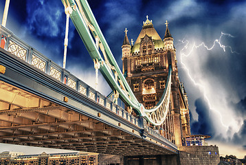 Image showing Storm over Tower Bridge at night - London