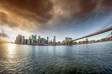 Image showing Spectacular view of Brooklyn Bridge from Brooklyn shore at winte