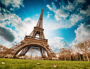 Image showing Paris. Wonderful wide angle view of Eiffel Tower from street lev