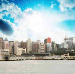 Image showing Manhattan. Beautiful sky colors over New York City skyscrapers, 