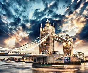 Image showing Beautiful sunset colors over famous Tower Bridge in London