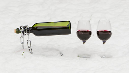 Image showing Bottle of red wine and wineglasses
