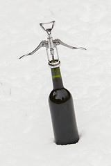 Image showing Bottle of red wine in the snow
