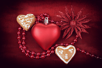 Image showing valentine hearts with flower on red background