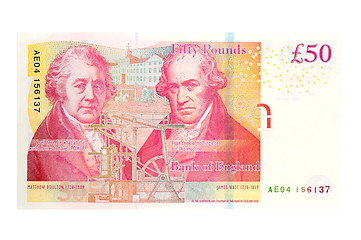 Image showing 50 pound sterling bank notes closeup view business background