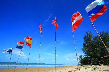 Image showing  flags on white sand beach