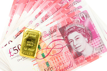 Image showing 50 pound sterling bank notes closeup view business background