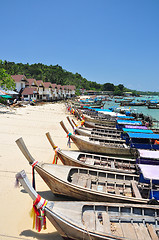 Image showing motor long tail boat parking at Phi Phi beach Phuket Thailand 