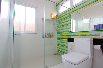 Image showing Luxury modern bathroom suite with bath and wc