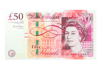 Image showing 50 pound sterling bank notes closeup view business background