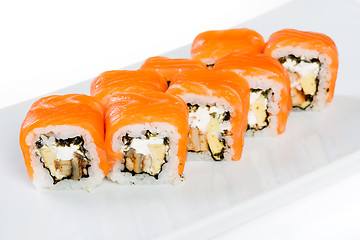 Image showing Sushi (Roll unagi maki syake) on a white background