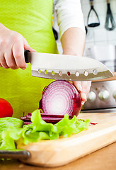 Image showing Woman's hands cutting bulb onion