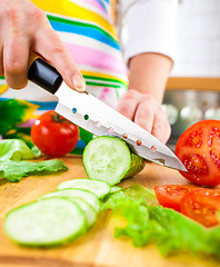 Image showing Woman's hands cutting cucumber