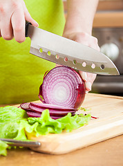 Image showing Woman's hands cutting bulb onion