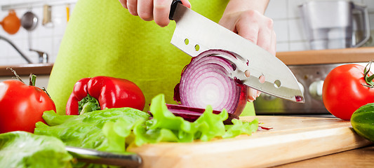 Image showing Woman's hands cutting bulb onion