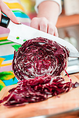 Image showing Woman's hands cutting red cabbage