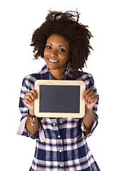 Image showing Female afro american with blank chalkboard