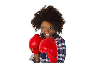 Image showing Female afro american with red boxing gloves