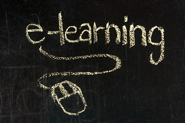 Image showing An image of a chalk board with the word e-learning and a mouse 