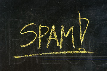 Image showing the word spam (unsolicited and unwanted commercial email messages) - white chalk handwriting on blackboard 