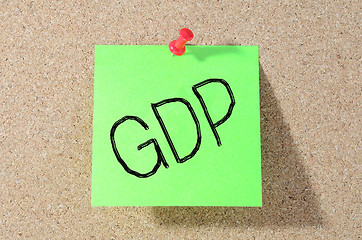 Image showing The word GDP Note paper with push pins on noticeboard 