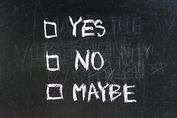 Image showing yes and no check boxes sketched with white chalk on blackboard with eraser smudges 
