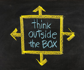 Image showing think outside the box phrase on blackboard