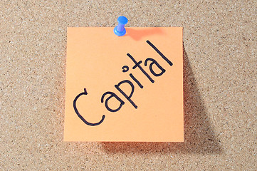 Image showing The word CAPITAL Note paper with push pins on noticeboard 