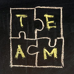 Image showing team jigsaw business written on blackboard background high resolution 