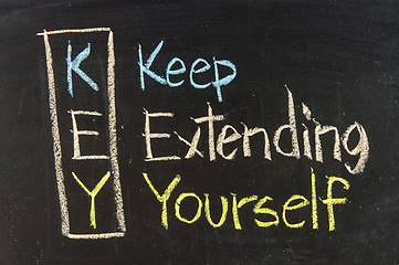 Image showing KEY acronym -Keep extending yourself on a blackboard with words written in chalk.