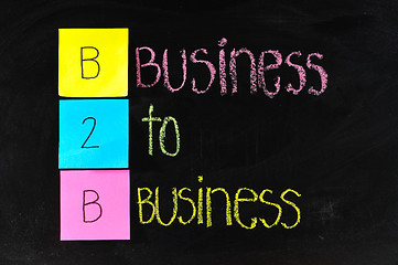 Image showing B2B acronym - BUSINESS TO BUSINESS. Concept made with sticky notes and white chalk on a blackboard. 