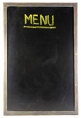 Image showing blank blackboard in wood frame with white chalk smudges used a restaurant menu