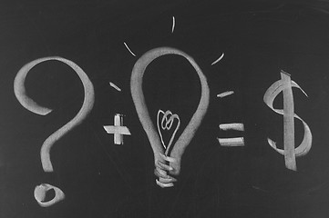 Image showing Conceptual idea of light bulb drawn on black chalkboard