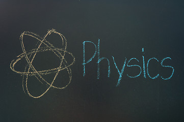 Image showing Physics written in white chalk on a black chalkboard 