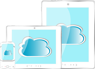 Image showing Tablet pc and mobile phone set with abstract cloud isolated on white