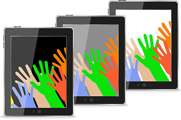 Image showing Hands on the tablet pc computer set. Isolated on white background