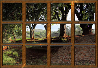 Image showing Wooden Window Frame with Nature Outside