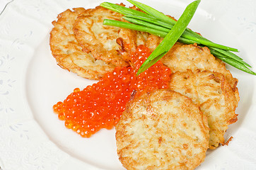 Image showing pancakes with red caviar