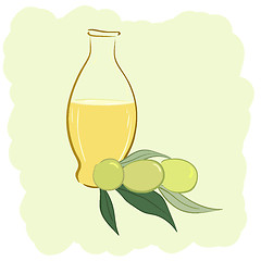 Image showing Small bottle of olive oil and two olives