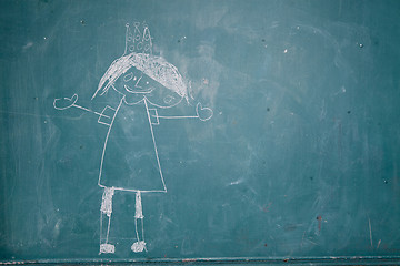 Image showing Drawing of princess on chalkboard by child