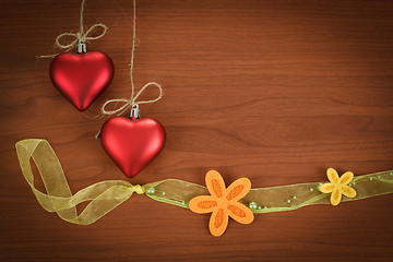 Image showing wooden board for valentine message with flowers