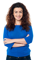 Image showing Cheerful woman in trendy blue top and jeans