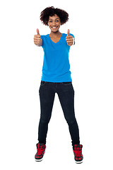 Image showing Beautiful trendy woman showing double thumbs up