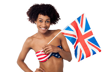 Image showing United Kingdom supporter in American flag bikini