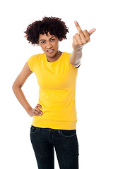 Image showing Angry female showing middle finger