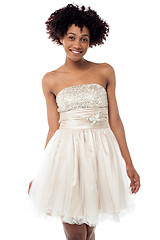 Image showing Cheerful glamorous model in white frock