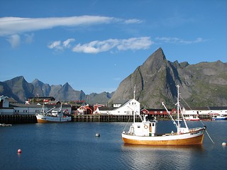 Image showing Boat and village on the Lofoten Islands