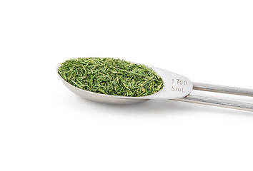 Image showing Dill tops measured in a metal teaspoon, isolated on a white back