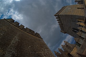 Image showing Fisheye view of towers of Almodovar del Rio medieval castle against the cloudy sky